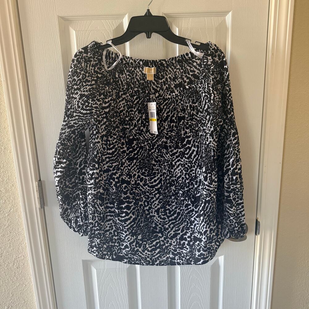 NWT MICHAEL MICHAEL KORS Smocked Animal Print Blouse Sz M Off Shoulder Black